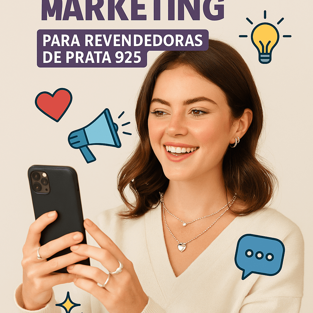 Mulher sorridente usando joias de prata e celular, representando dicas de marketing.